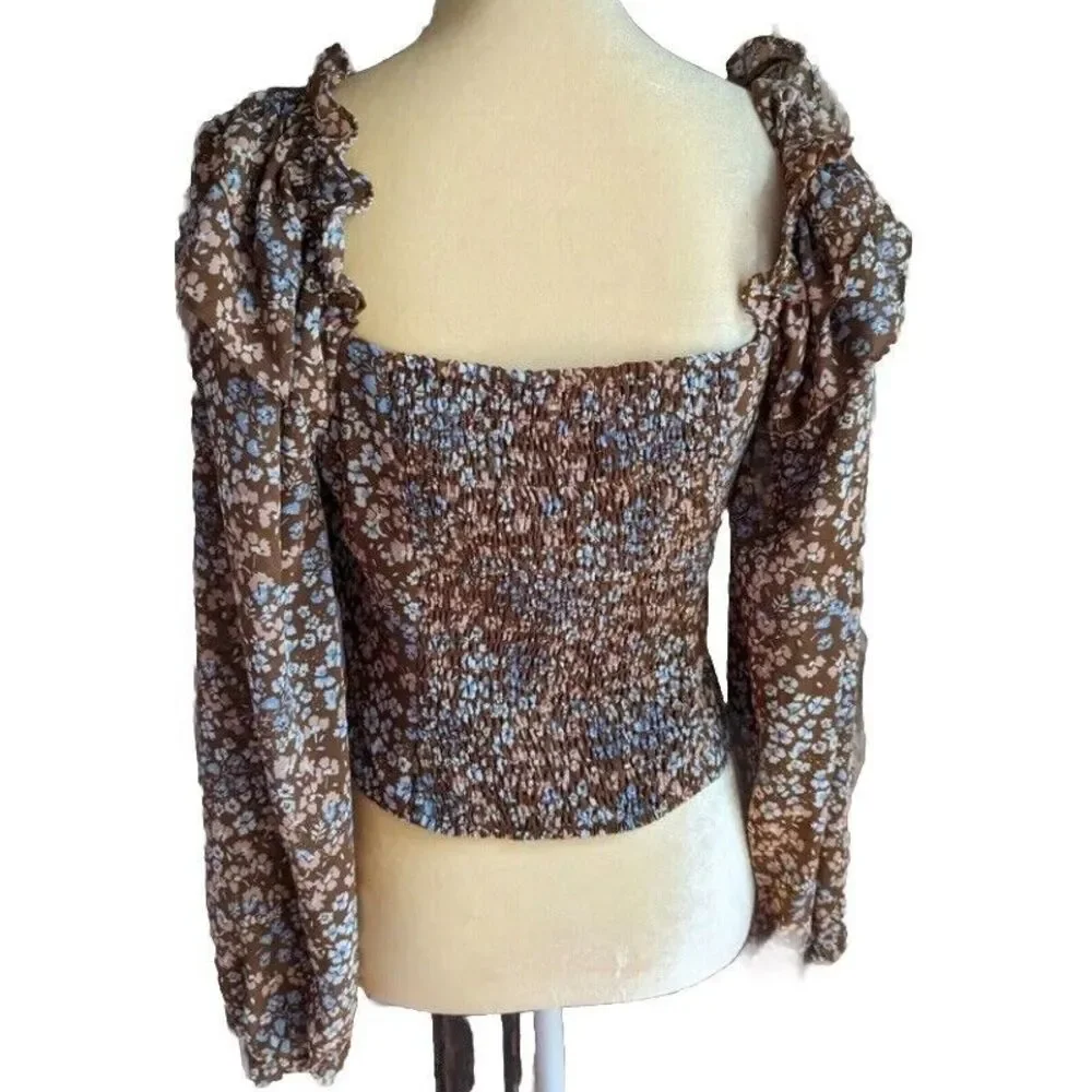 ASTR The Label Top Women's‎ M Brown Floral Puff Sleeve Peasant Ruffle Smocked